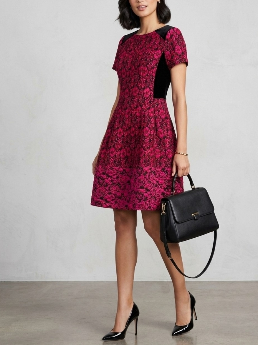 Teri Jon Womens Jacquard Floral A-Line Knee Dress Short Sleeve Red Black 10